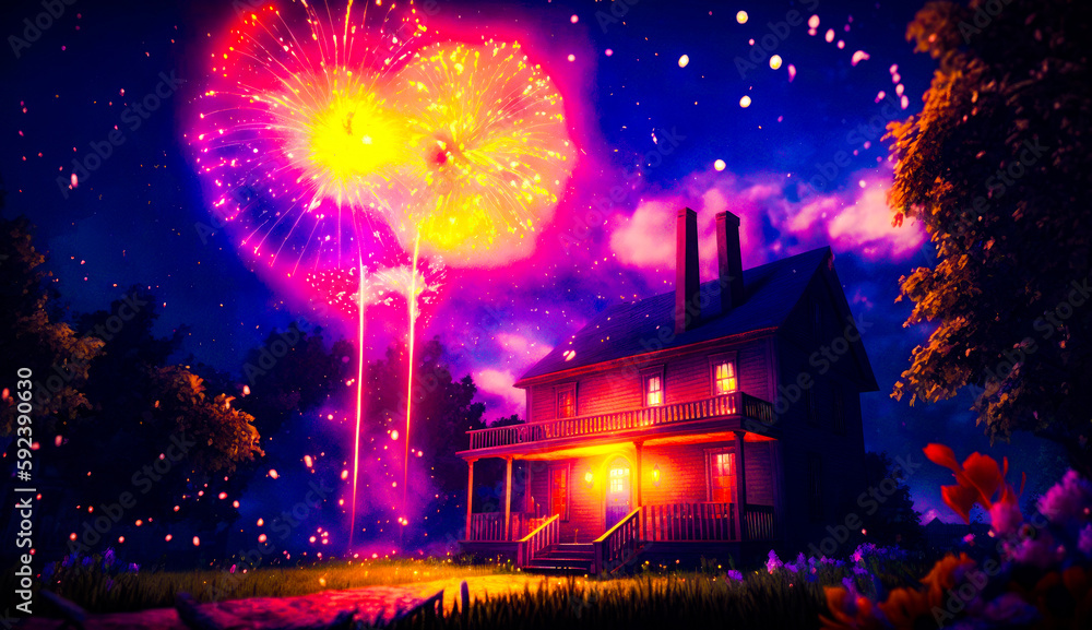 Poster painting of house with fireworks in the sky and firework in front of it. generative ai.
