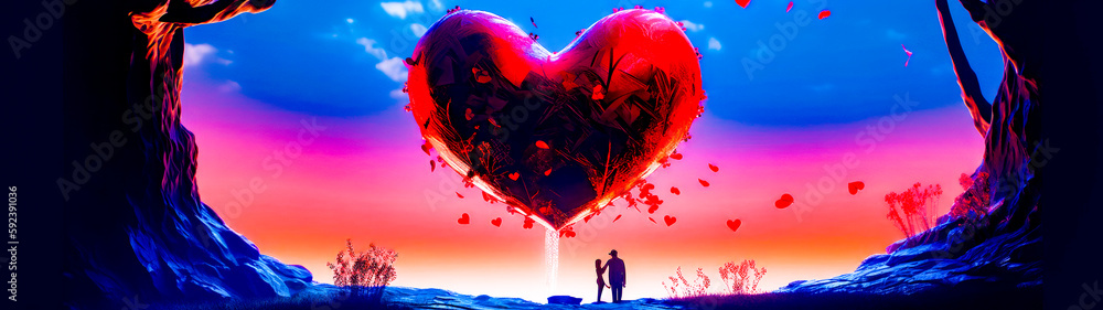 Poster man and woman are standing in front of heart shaped object. generative ai.