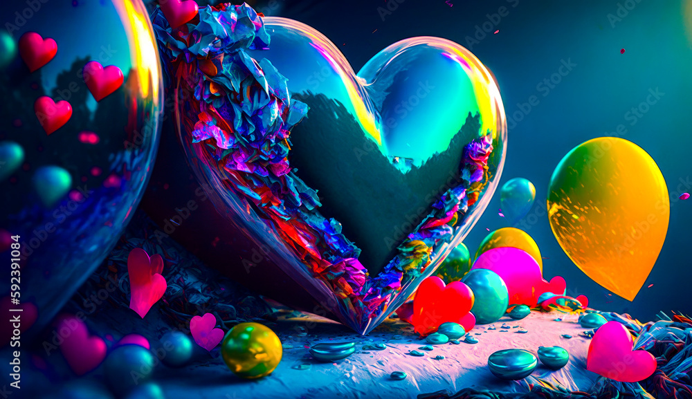 Aufkleber heart shaped object surrounded by balloons and confetti on table. generative ai.