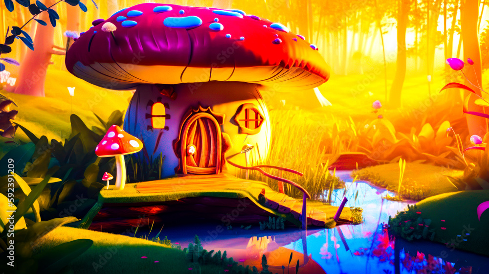 Poster painting of mushroom house with pond in the foreground and trees in the background. generative ai.
