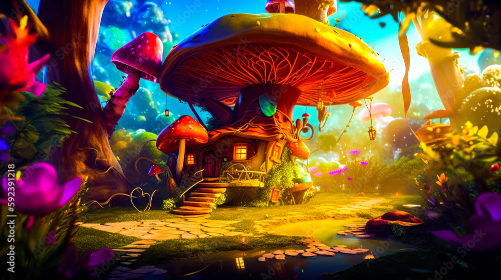 Poster mushroom house in the middle of forest with lots of mushrooms on it. generative ai.
