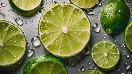 Fresh whole, half and sliced lime background with water drops. Close up