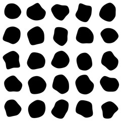 Set of 25 modern vector abstract art blob shapes with 9 points. Known as blotch shapes, liquid organic elements, pebble drops blob silhouettes and splashes. Use as pattern background.
