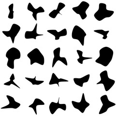 Set of 25 modern vector abstract art blob shapes with 9 points. Known as blotch shapes, liquid organic elements, pebble drops blob silhouettes and splashes. Use as pattern background.
