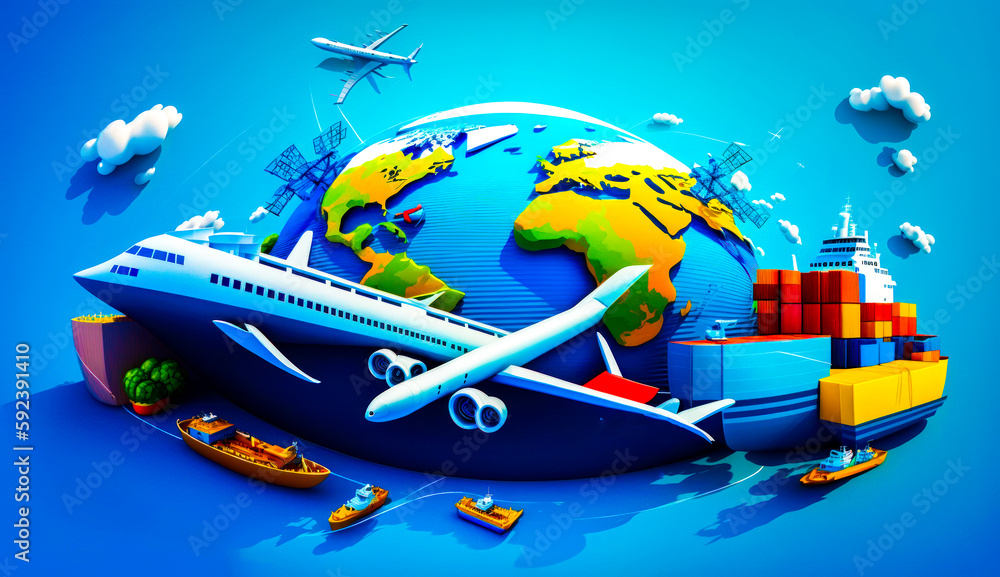 Poster plane flying over blue background with map of the world in the background. generative ai.