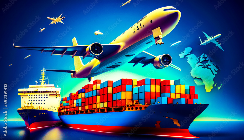 Poster airplane is flying over large container ship and statue of man. generative ai.
