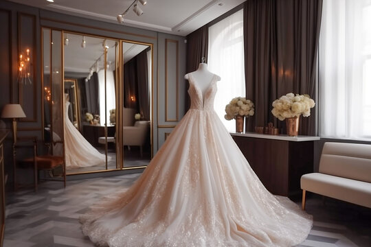 Sweet modern white wedding dress in the luxury room. Super photo realistic background, generative ai illustration