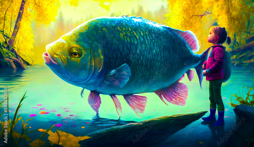 Poster large fish floating on top of river next to tree filled forest. generative ai.