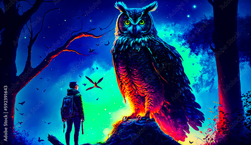 Poster man standing on top of hill next to owl on top of hill. generative ai.