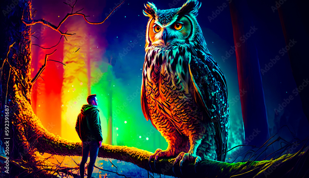 Aufkleber Man standing next to owl on tree branch in forest. Generative AI.
