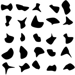 Set of 25 modern vector abstract art blob shapes with 7 points. Known as blotch shapes, liquid organic elements, pebble drops blob silhouettes and splashes. Use as pattern background.
