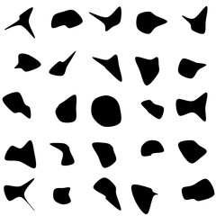 Set of 25 modern vector abstract art blob shapes with 7 points. Known as blotch shapes, liquid organic elements, pebble drops blob silhouettes and splashes. Use as pattern background.