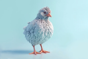 Cute young white chicken o blue background. Generative AI illustration