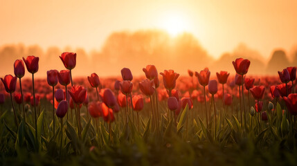 Fototapeta na wymiar Panoramic Red Tulips in a Field at Sunset