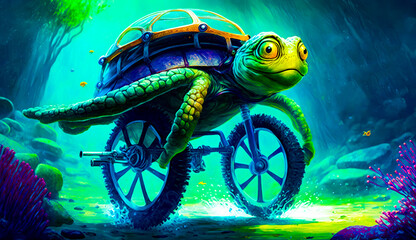 Painting of turtle riding bike with cart on it's back. Generative AI.