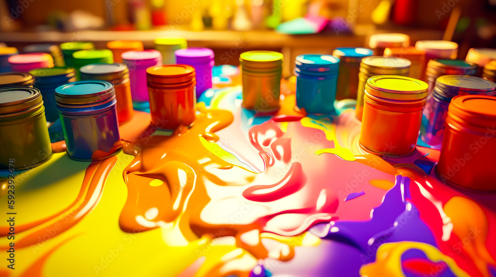 Poster table topped with lots of paint and lots of bottles of paint on top of it. generative ai.