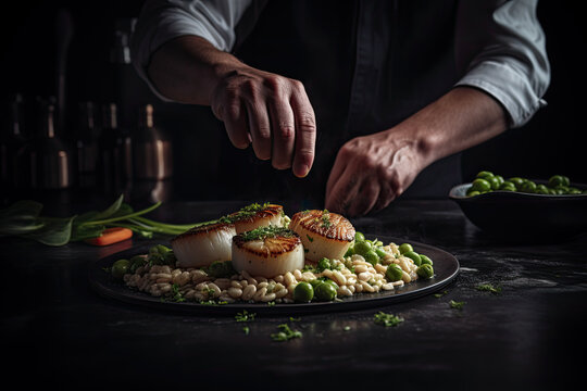 Culinary photography, a chef preparing a gourmet dish of seared scallops with risotto and asparagus, photographed in an elegant and sophisticated style to showcase the artistry and skill of the chef