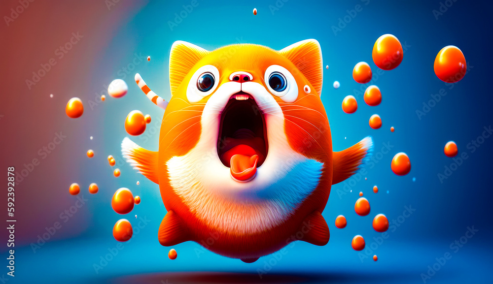 Poster orange cat with its mouth open and bubbles floating around in the air. generative ai.