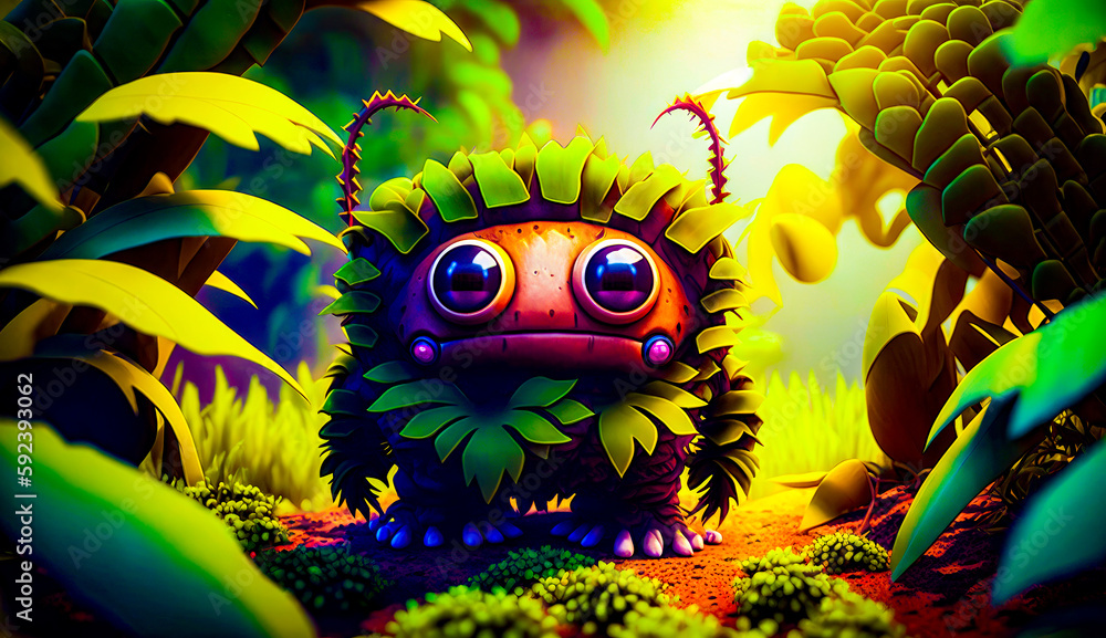 Poster very cute looking creature in the middle of some plants and trees with bright light behind it. gener