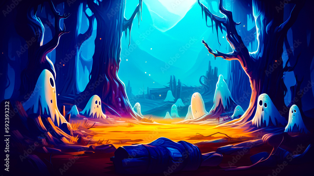 Aufkleber cartoon scene of forest with lots of trees and bright light at the end of the tunnel. generative ai.