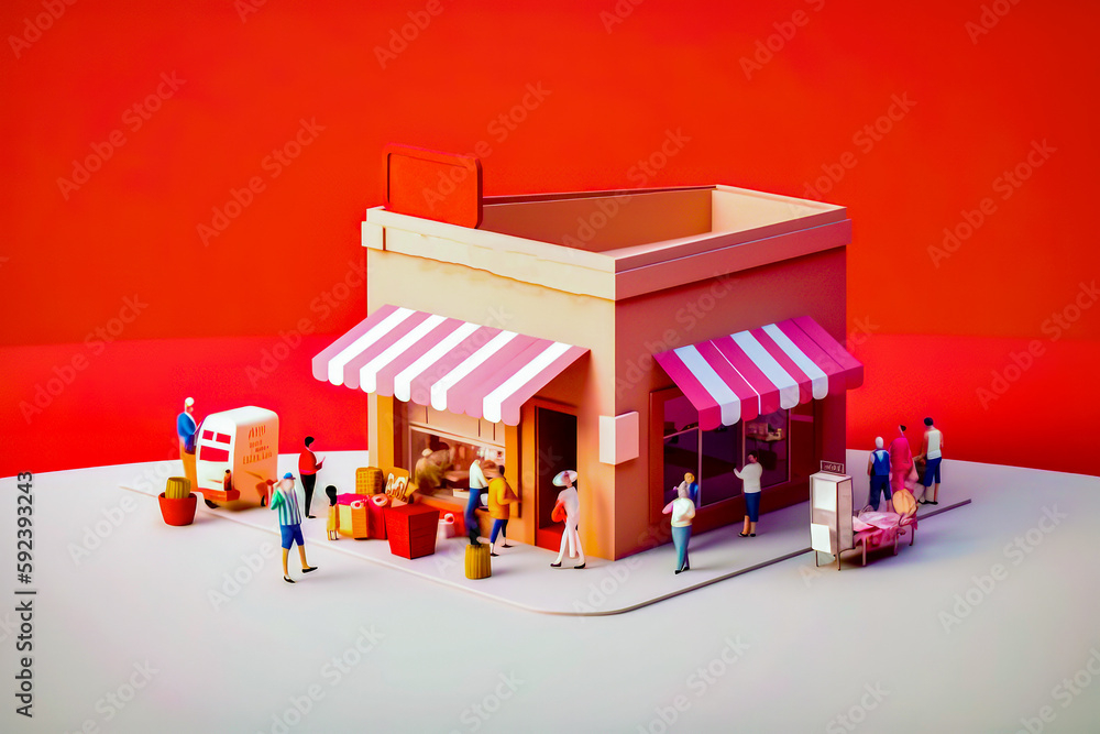 Poster group of miniature people standing in front of small building with awnings. generative ai.