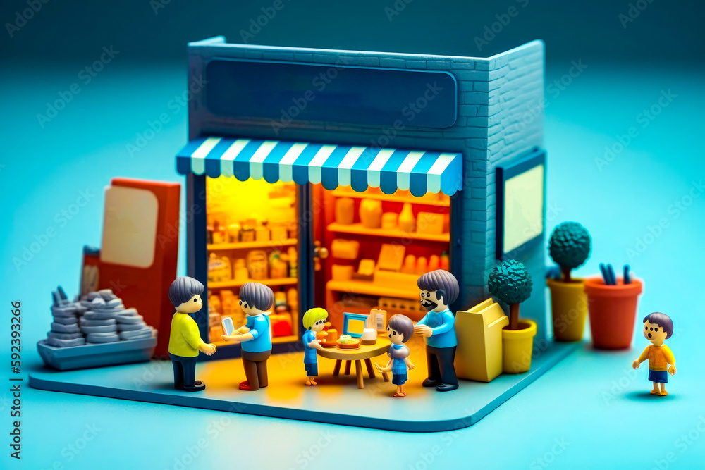 Poster small model of store with people standing in front of the store. generative ai.