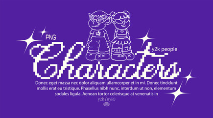 Retro y2k pixel art typography poster with 2000s characters. poster boy and girl in futuristic cyberpunk style. male and female mascot