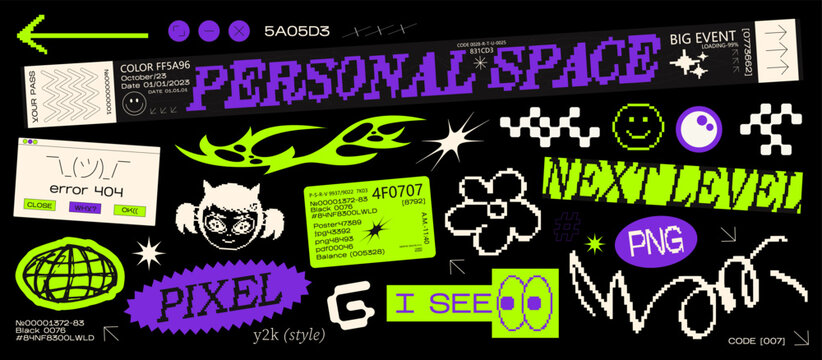 Collection acid y2k various patches , labels, tags, stickers,tickets bracelet stamps in retro style. Stickers in cyberpunk futuristic style in 2000s style. Vector set, trendy promo labels