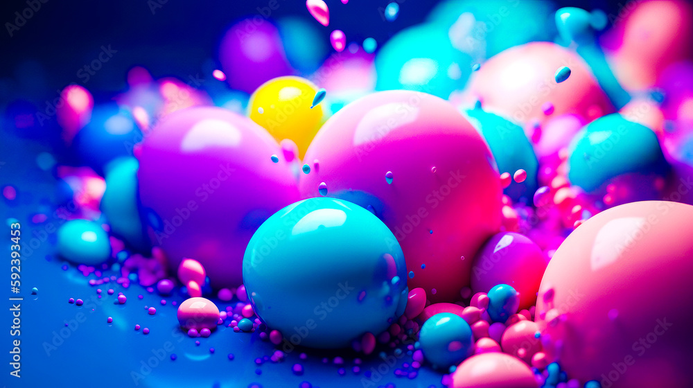 Poster bunch of balls that are in the air with some liquid on them. generative ai.
