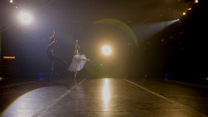 Ballet dancers practice ballet movements and rehearse choreography on classic theater stage...
