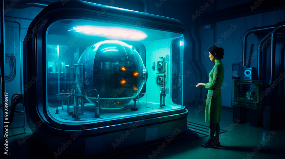 Aufkleber woman standing in front of glass case with strange object inside of it. generative ai.