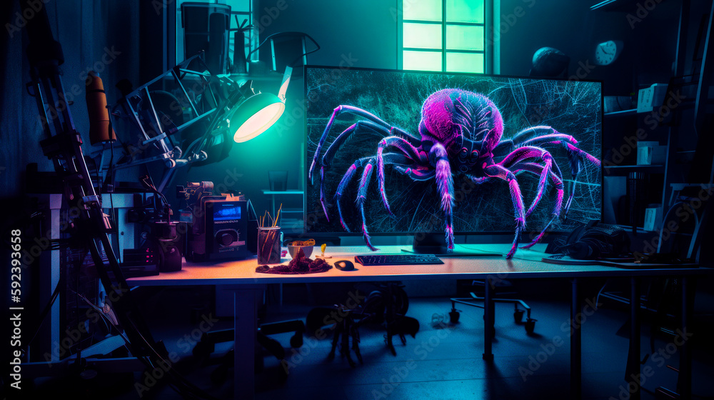 Poster purple spider sitting on top of desk next to computer monitor. generative ai.