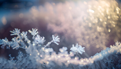 winter background. bright pastel colors. flirring bokeh. snow flakes bokeh. ice crystals bokeh. ice flowers in focus - 592393695