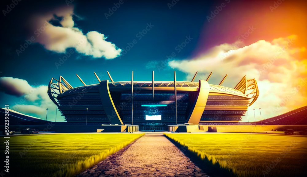 Poster large stadium with walkway leading to it and grassy field in front of it. generative ai.