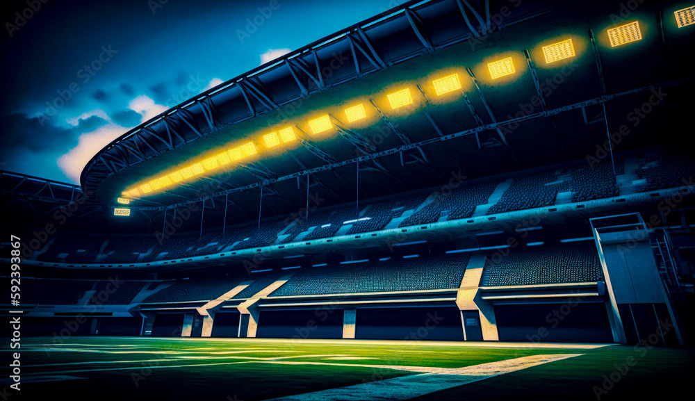 Poster empty soccer stadium with the lights on and the grass in the foreground. generative ai.
