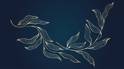 Houseplant tradescantia gold twig on dark blue background vector wallpaper illustration. Golden ivy branch, willow sprout isolated. Indor plant tradescantia leaves or abstract willow branch art deco. © SunwArt