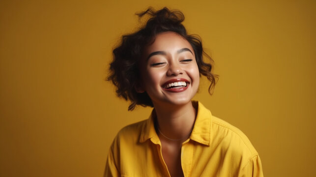 Image Generated AI. Asiatic young woman laughing happily on flat color background
