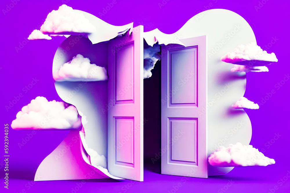 Poster open door in the middle of wall with clouds coming out of it. generative ai.