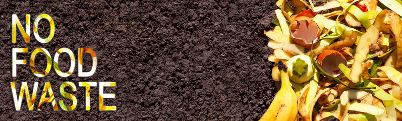 No food waste. Compost and composted soil. Organic waste for composting on the soil. Composting of...