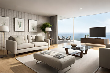 Fototapeta premium Interior design of a serene and calming living room that incorporates soft lighting, muted colors, and minimalist decor | Generative AI