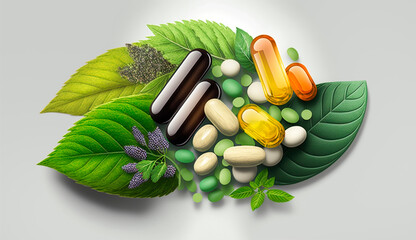 Capsule supplements homeopathy vegetables fruits and leaves, Generative Ai,