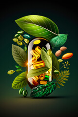 Capsule supplements homeopathy vegetables fruits and leaves, Generative Ai, - obrazy, fototapety, plakaty