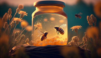 Beautiful jar of honey and flowers on the table. Cute bees are flying. Generative Ai, - obrazy, fototapety, plakaty