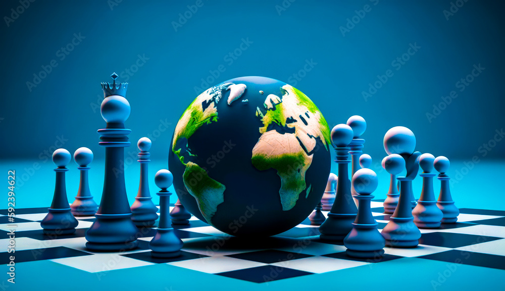Poster chess board with globe on top of it, surrounded by chess pieces. generative ai.