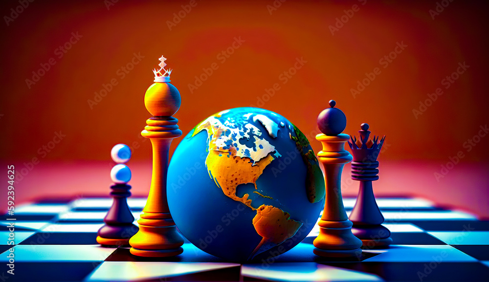 Poster globe surrounded by chess pieces and pieces of chess on chess board. generative ai.