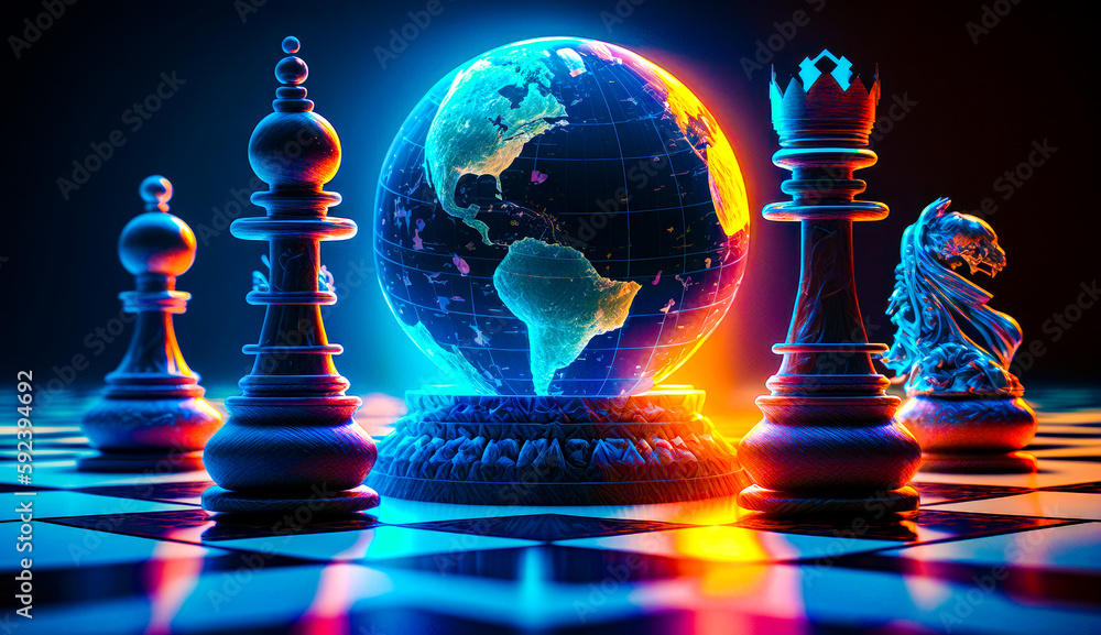Aufkleber chess board with globe on it and two pieces of chess on the board. generative ai.