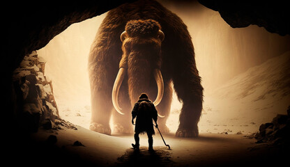 Cavemen hunt the woolly mammoth. Generative AI, - obrazy, fototapety, plakaty