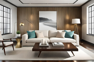 Fototapeta premium Interior design of a serene and calming living room that incorporates soft lighting, muted colors, and minimalist decor | Generative AI
