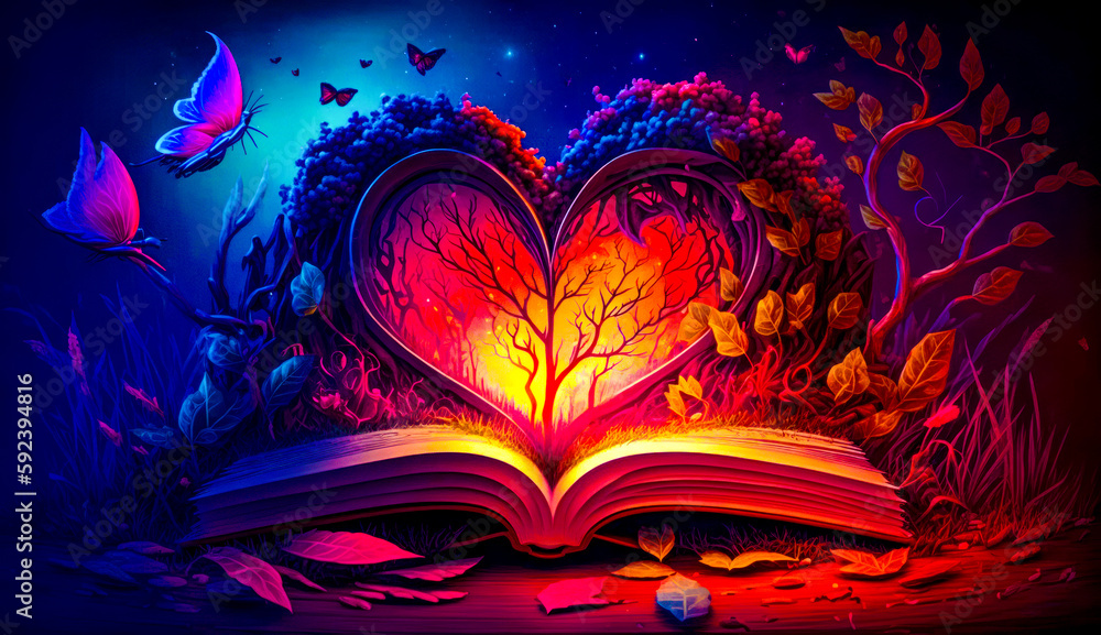 Aufkleber open book with heart shaped book in the middle of the pages. generative ai.