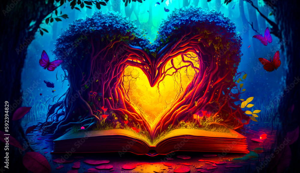Aufkleber open book with heart - shaped tree in the middle of it. generative ai.